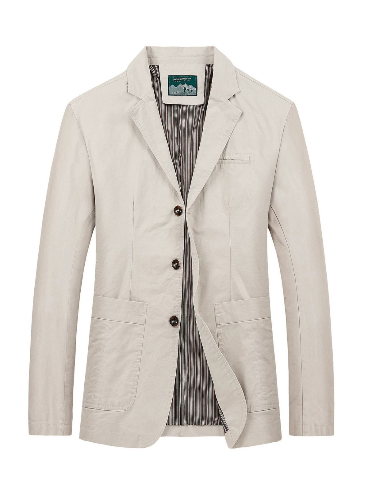 Off white single-breasted men's blazer jacket with notch lapel, three buttons and patch pockets, front view