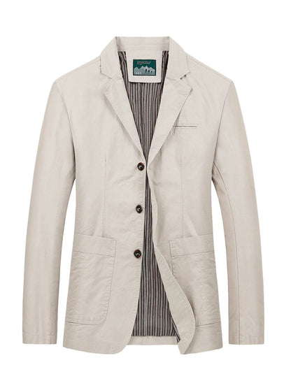 Off white single-breasted men's blazer jacket with notch lapel, three buttons and patch pockets, front view