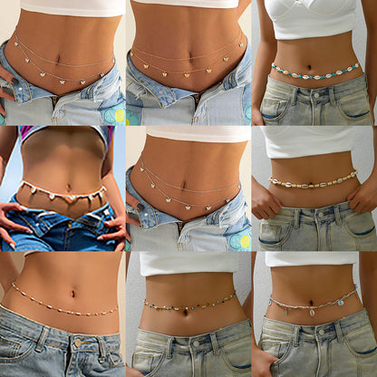Grid of nine waist body chain designs worn low on the waist, in shell, bead and fine chain styles