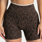 Brown seamless high waist yoga shorts with a 3D leopard print and ribbed waistband, size M variant image