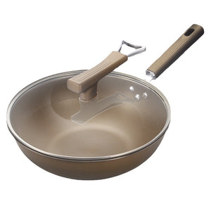 Champagne gold titanium wok with clear glass lid and wood grain handle