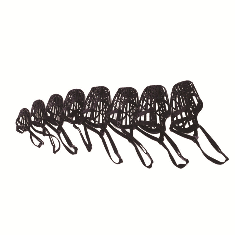 Rear view of the dog muzzle strap and buckle sitting behind the head