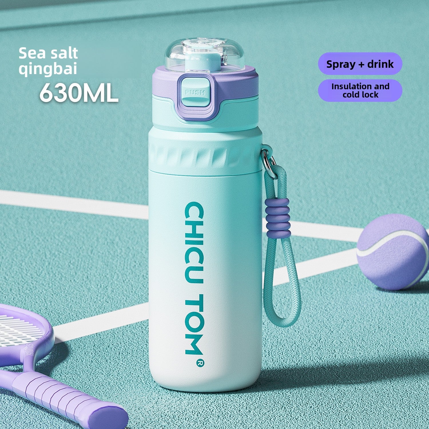 Sea salt green and white insulated 630ml spray water bottle with a purple latch on a court