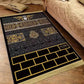 Plush velvet Islamic prayer mat with a printed ornamental design and fringed ends on a wood floor