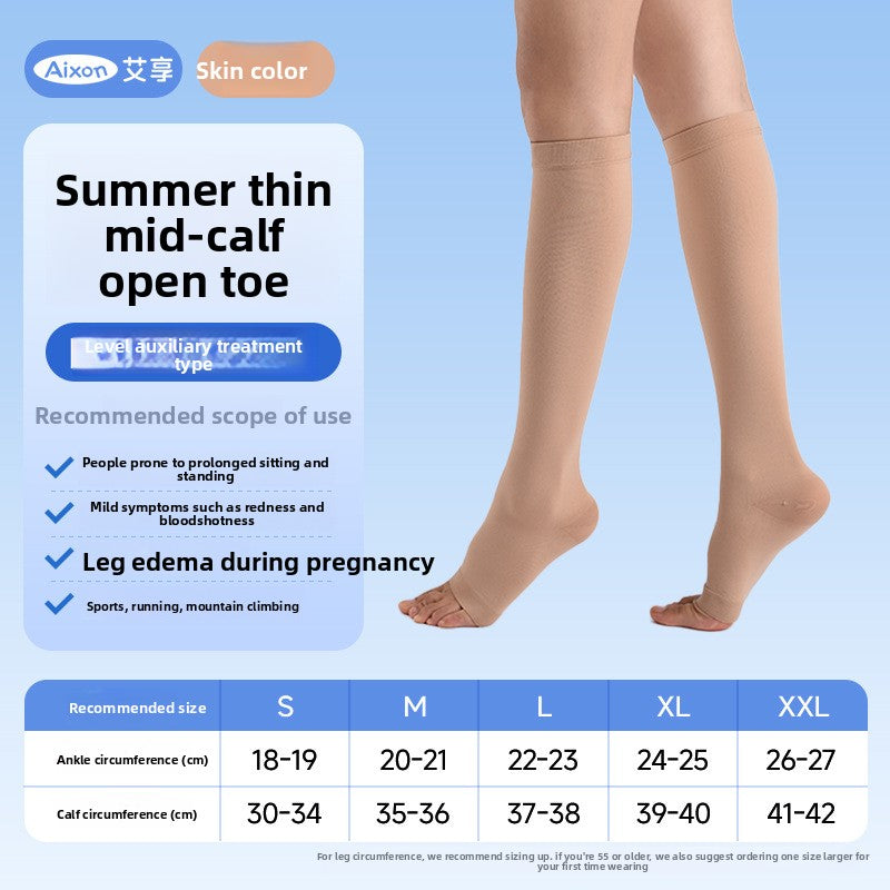 Calf length open toe compression sock shown on the ankle and lower leg