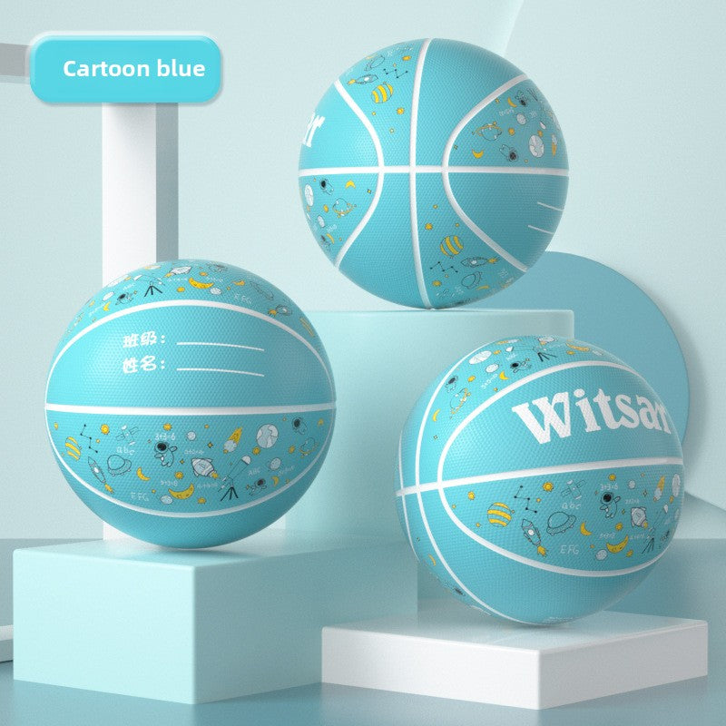 Light blue cartoon panda kids basketball shown on a soft blue and pink pedestal