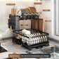 Black double layer dish rack with callouts for knife holder, cup holder, water tray and diversion pipe