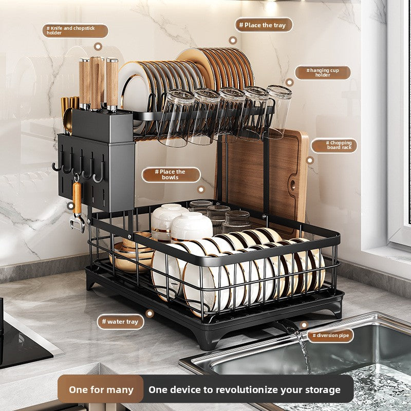 Black double layer dish rack with callouts for knife holder, cup holder, water tray and diversion pipe