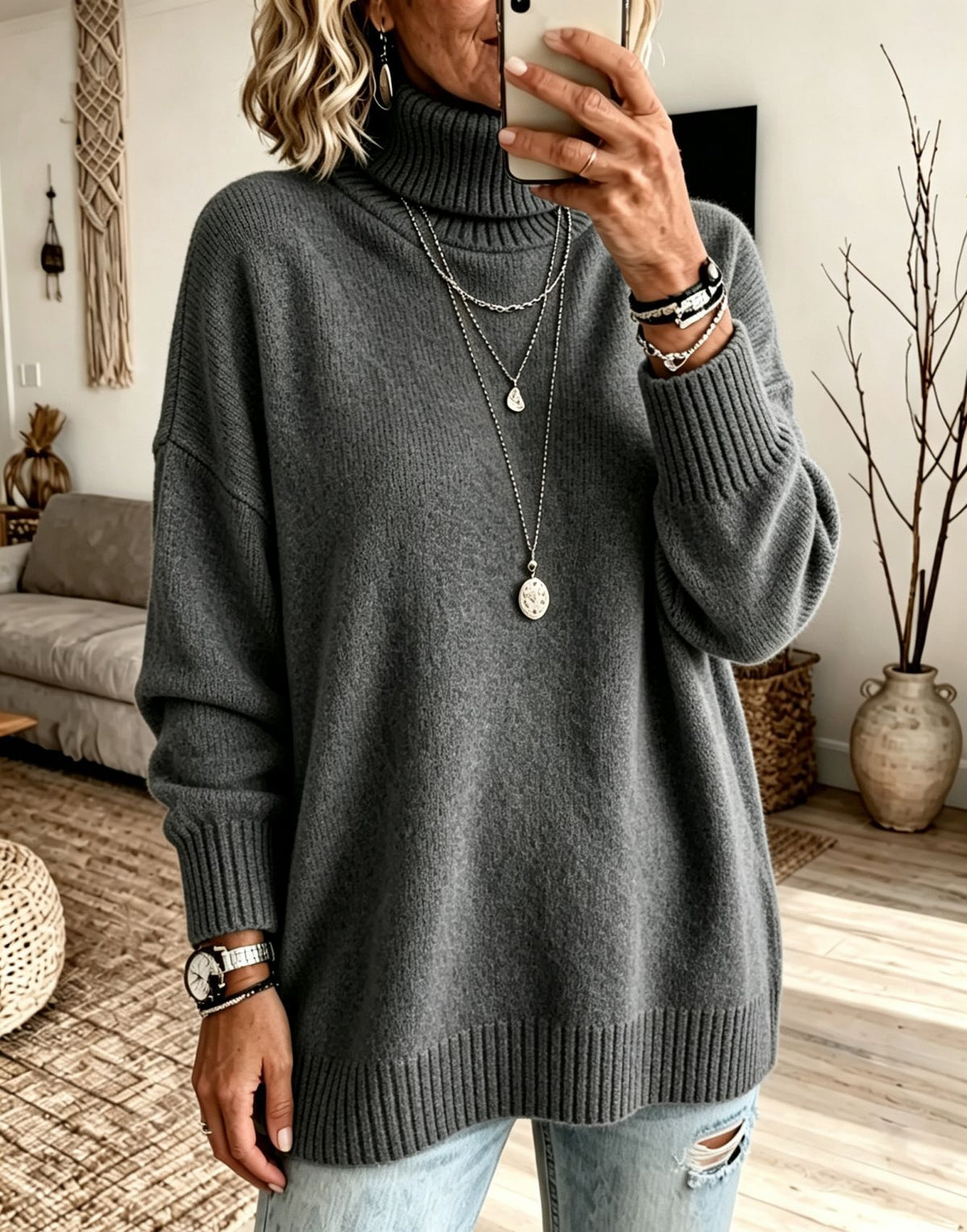 Women's dark gray turtleneck knit sweater, loose fit with ribbed cuffs and hem, size 3XL