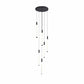 Render of a round black canopy with six slim tube lights hanging on thin wires on a white background