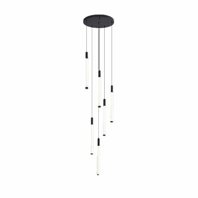 Render of a round black canopy with six slim tube lights hanging on thin wires on a white background
