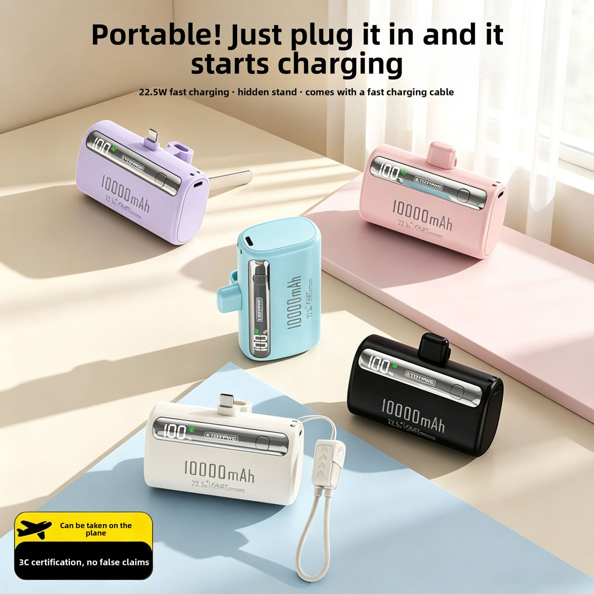 Five capsule power banks in black, white, light blue, light purple and pink, each marked 10000mAh