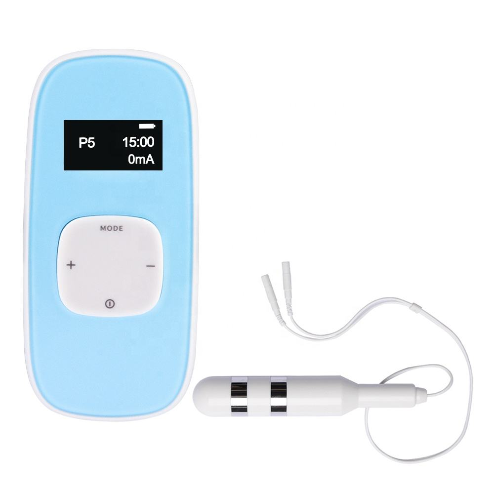 Blue control unit showing program and timer next to a slim silicone pelvic floor probe with a connecting lead
