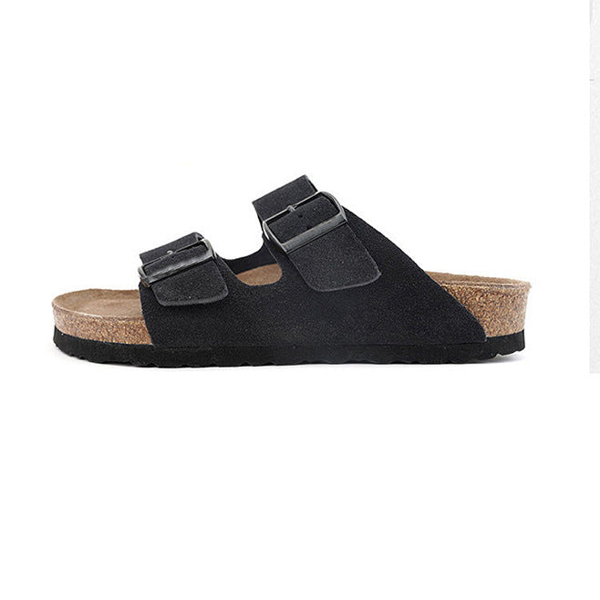 pair of dark brown cork footbed sandals with two buckle straps, front view