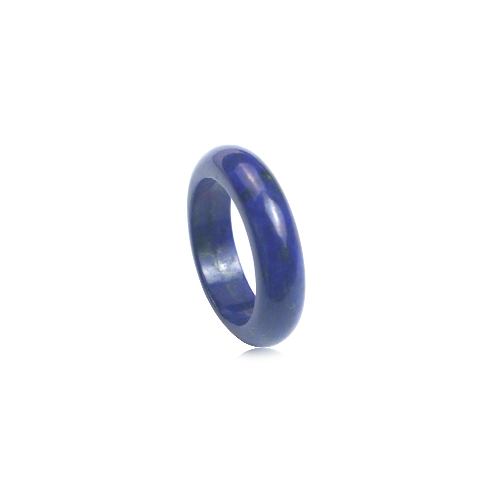 Natural lapis lazuli plain band ring, deep blue polished stone showing scattered gold pyrite