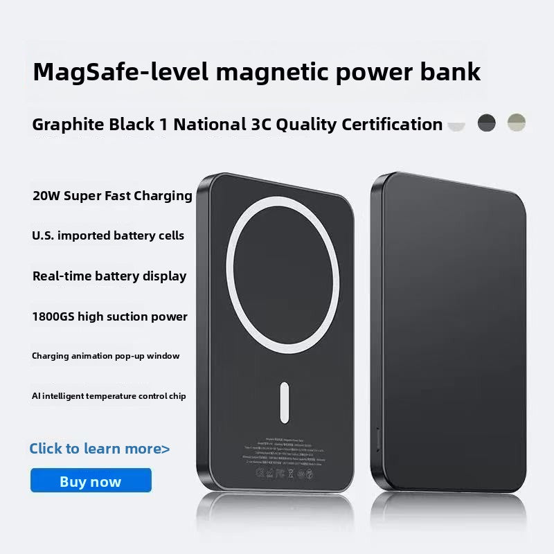 Magnetic power bank snapped onto an iPhone while the phone screen stays in use