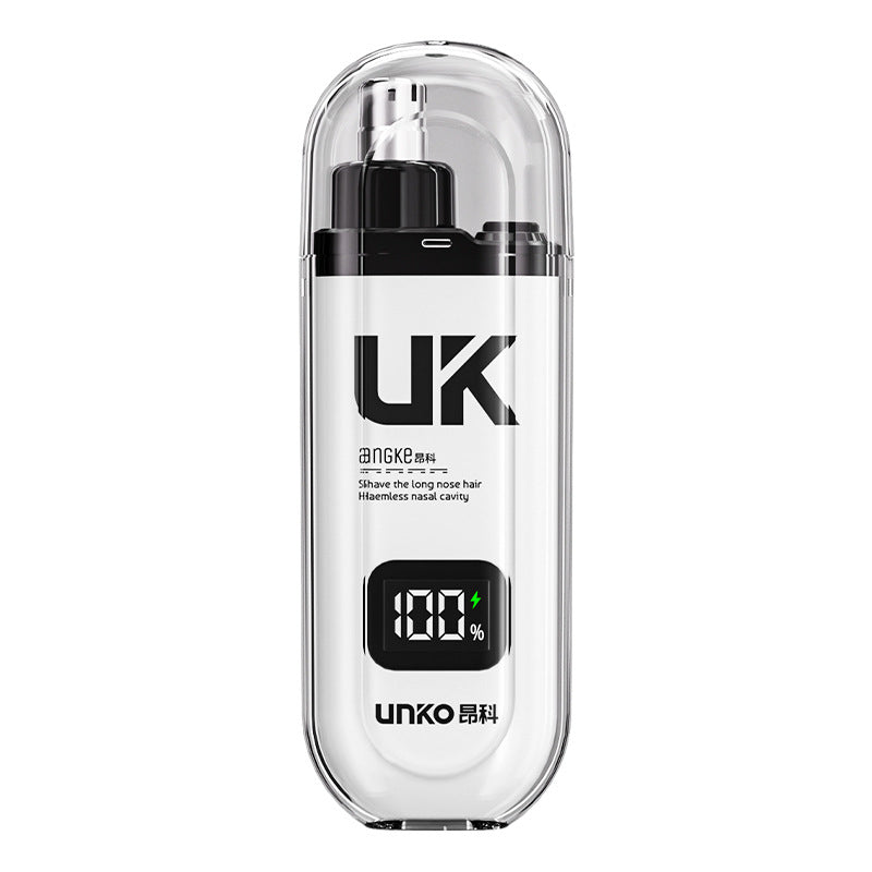 White nose hair trimmer shown upright with its clear cap and digital charge display