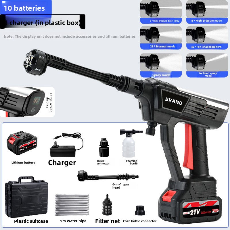 Cordless car wash gun drawing water from a bucket through its hose