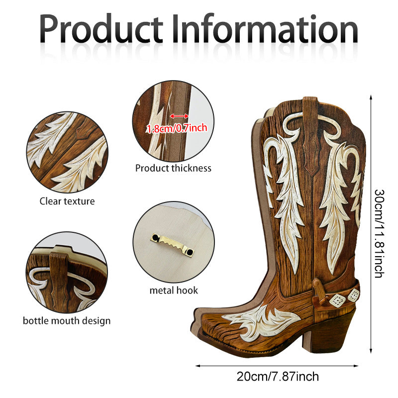 Brown wooden boot wall decor with cream feather inlay, 30 by 20 cm size details