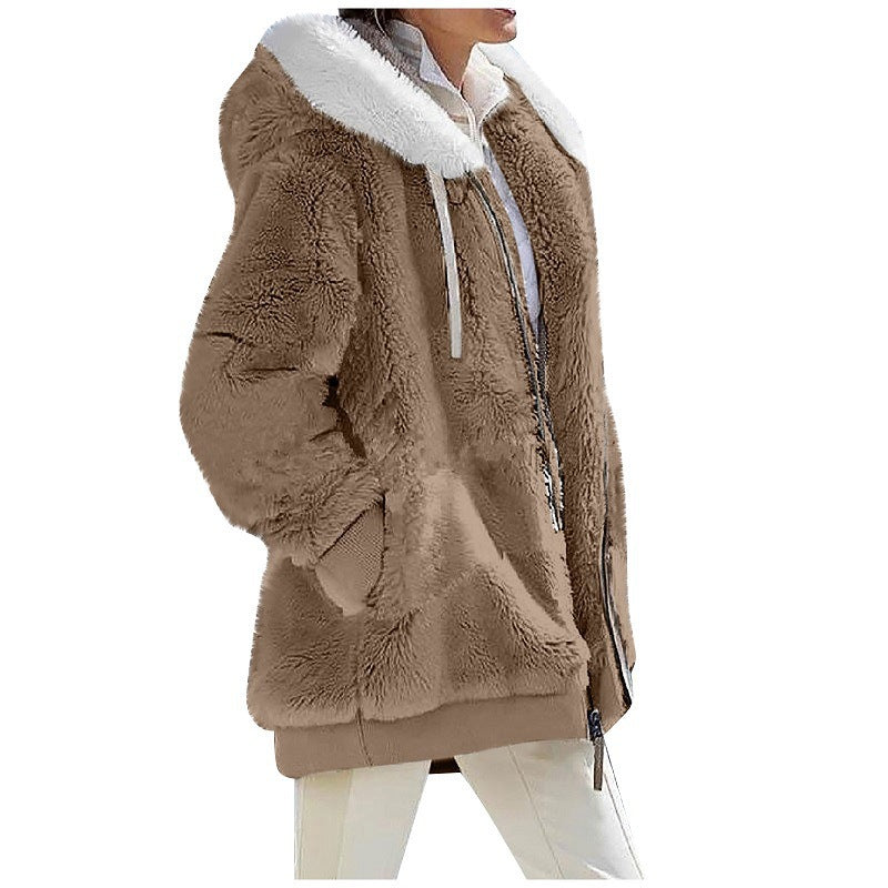 Women's loose plush hooded zip jacket with a contrast lined drawstring hood and two zip pockets