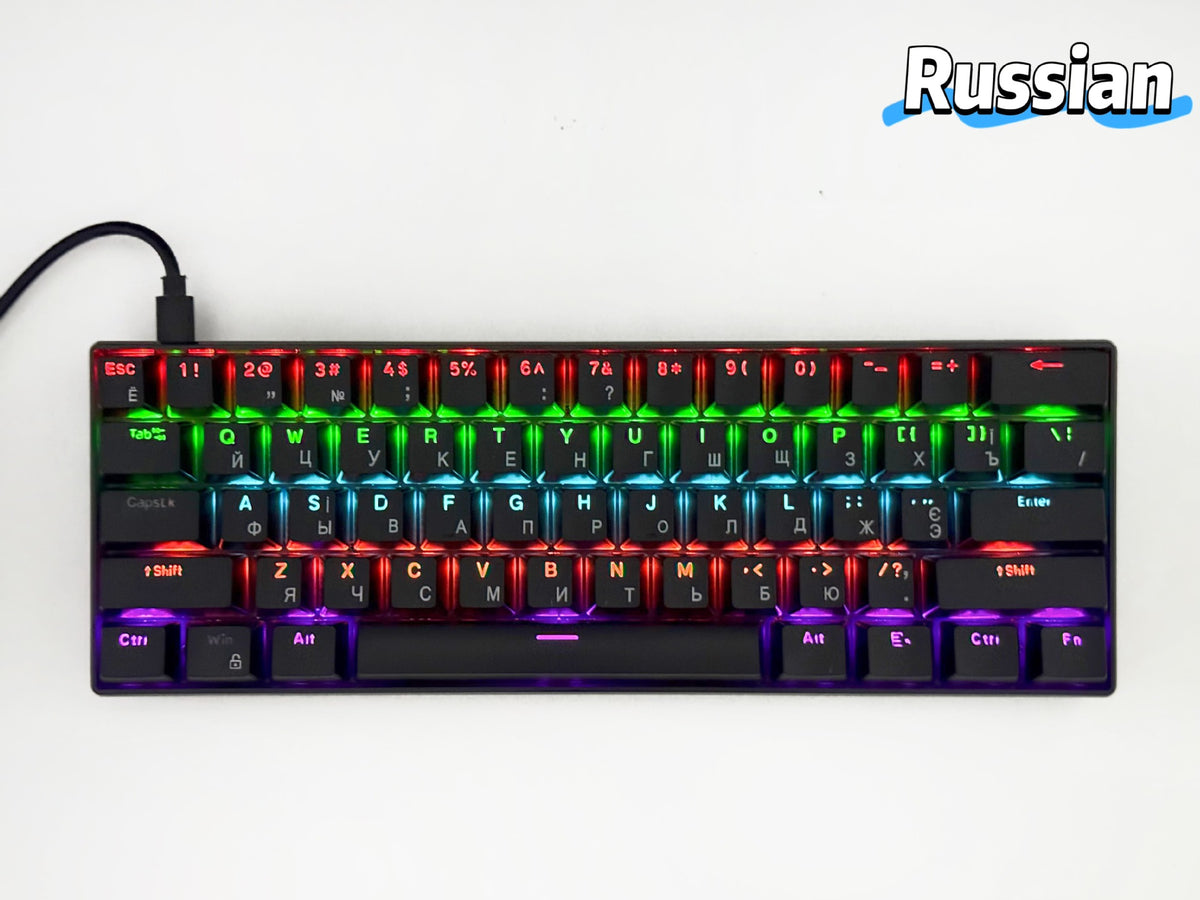 Black RGB mechanical keyboard with Russian Cyrillic keycap legends and USB cable