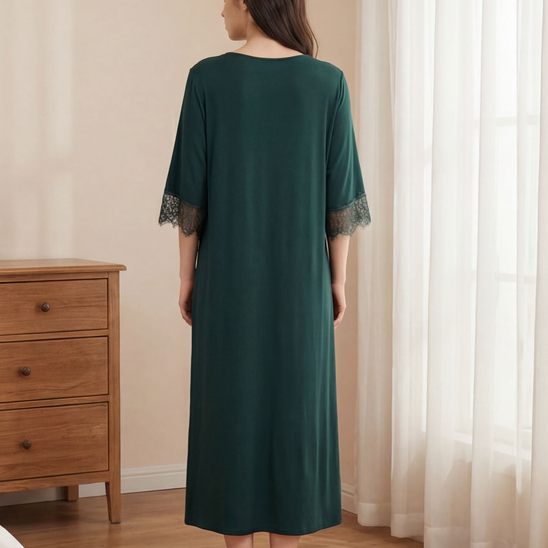 Close up of the lace trim texture on the nightgown hem