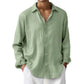 Mens long sleeve linen look button up shirt shown on a beach model