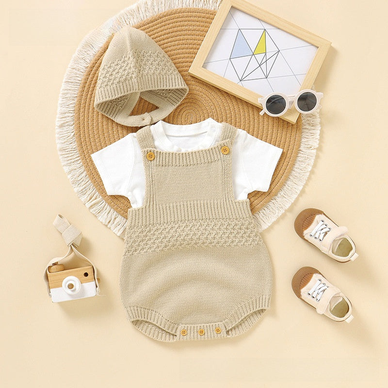 Infant sleeveless knit romper with detachable hood shown from the front