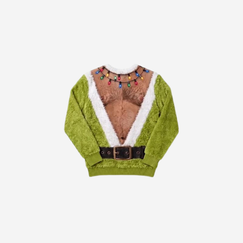 Green novelty ugly Christmas pajama with a printed hairy chest gag, fur trim, belt and string lights