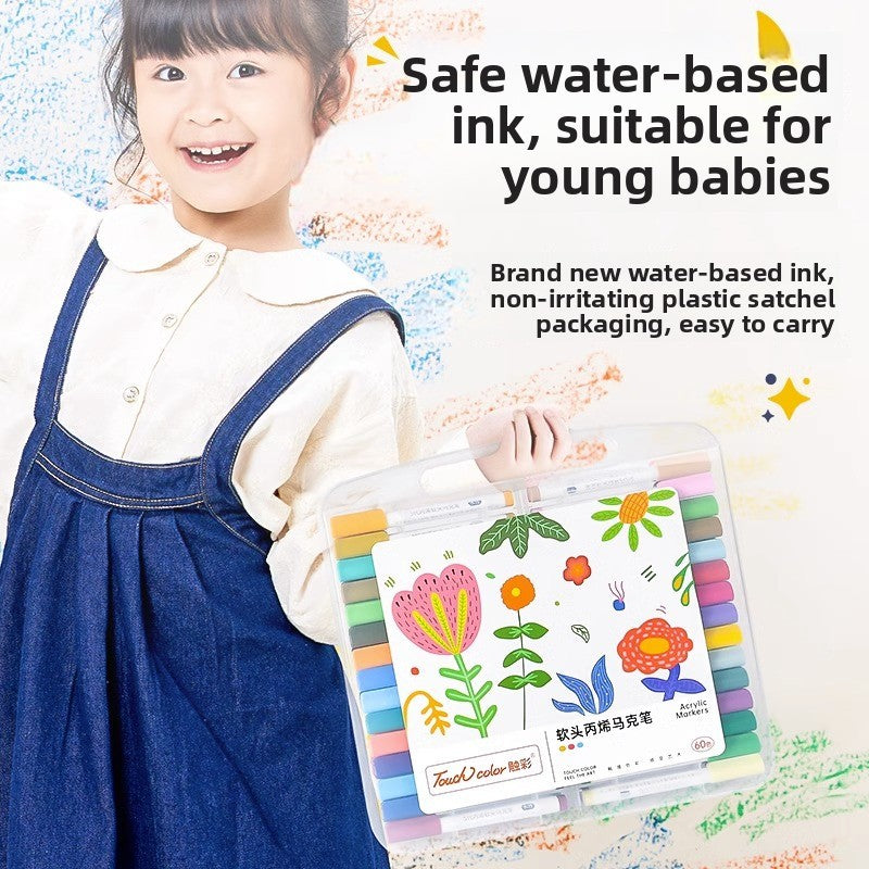 Child holding the acrylic marker case with a bright flower drawing and safe water based ink label