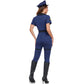 Fitted navy police costume jumpsuit with front zip and POLICE patch, adult roleplay outfit on white background