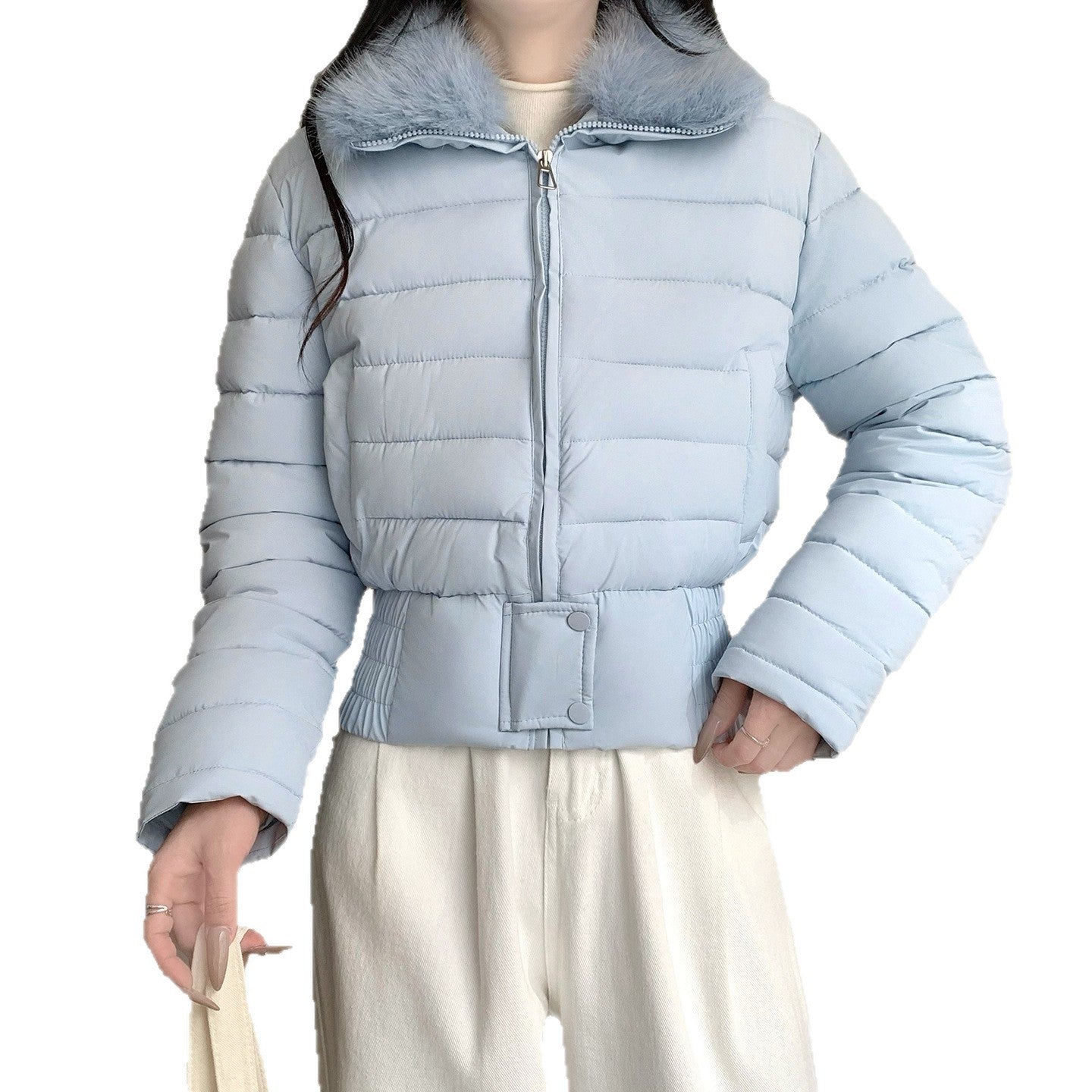 Elastic gathered hem and snap tab detail on the cropped padded puffer jacket