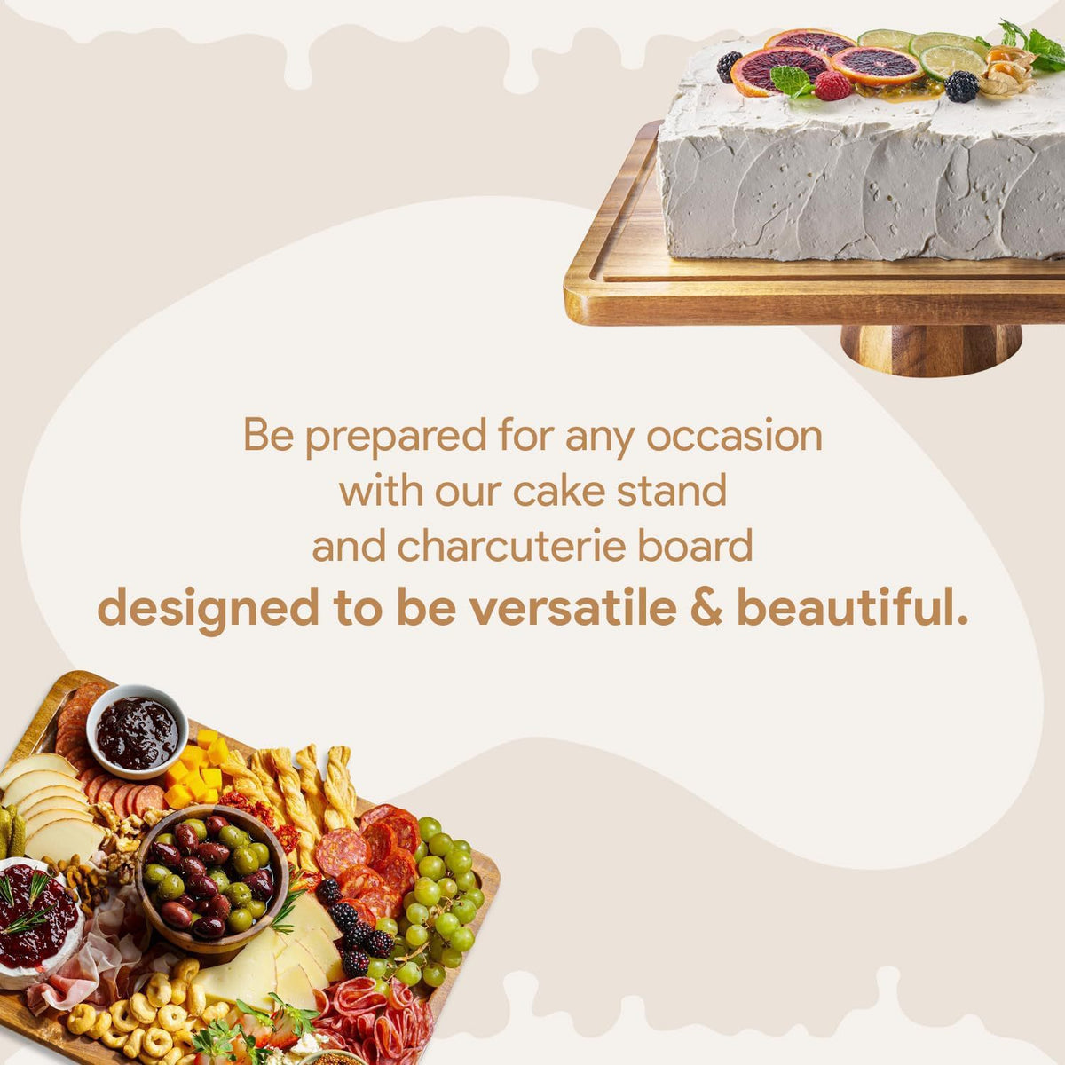 Styled graphic of an acacia cake stand with a frosted cake next to a loaded wooden charcuterie board