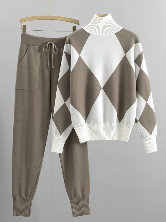 Womens Argyle High Neck Knit Sweater and Jogger Pants Set