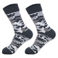 Waterproof gray and white camouflage crew socks with a black cuff and heel, size XS 33-36