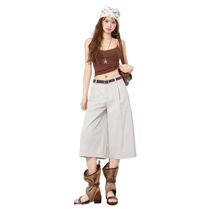 Dark gray ice silk wide leg cropped trousers falling to mid calf