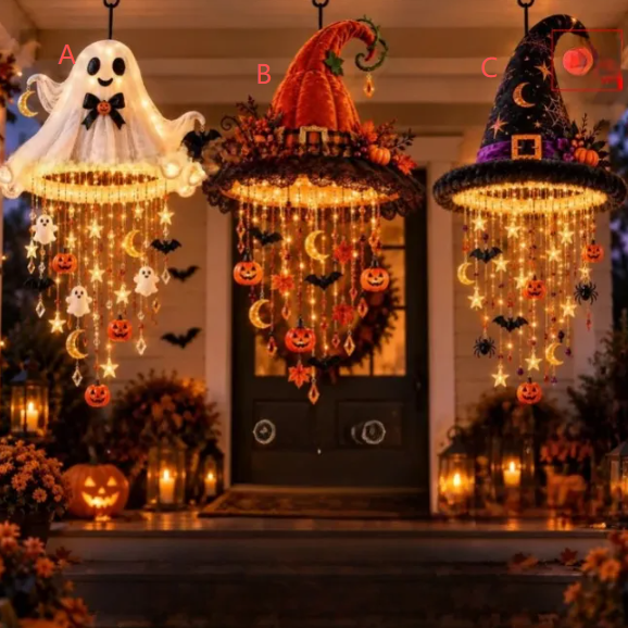 Halloween trio image shown for the Witch C design, with ghost A, pumpkin B and witch C hats lit