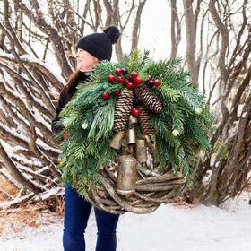 Christmas Rattan Wreath with Pine Cones, Red Berries and Gold Bells