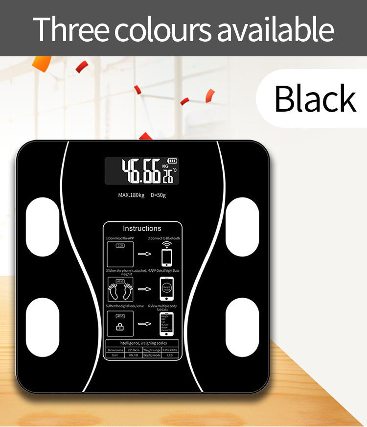 Black connected body fat scale showing the weight reading on the LCD display