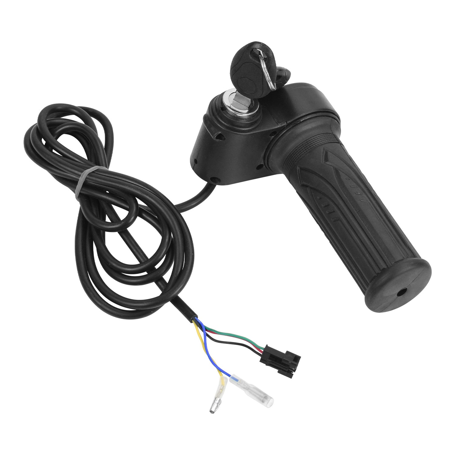 Electric bike twist throttle grip shown close up with the key turned in the lock
