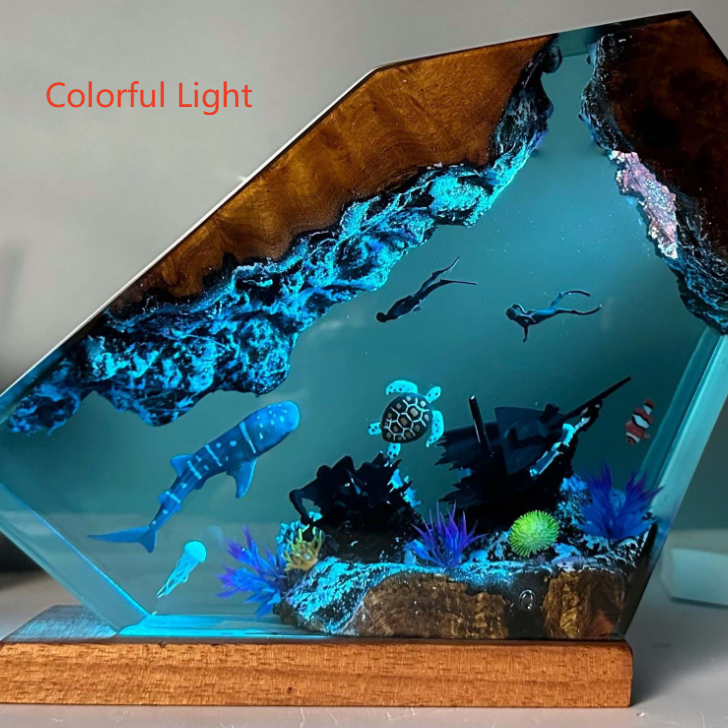 Underwater diver resin wood night light detail of coral and marine life