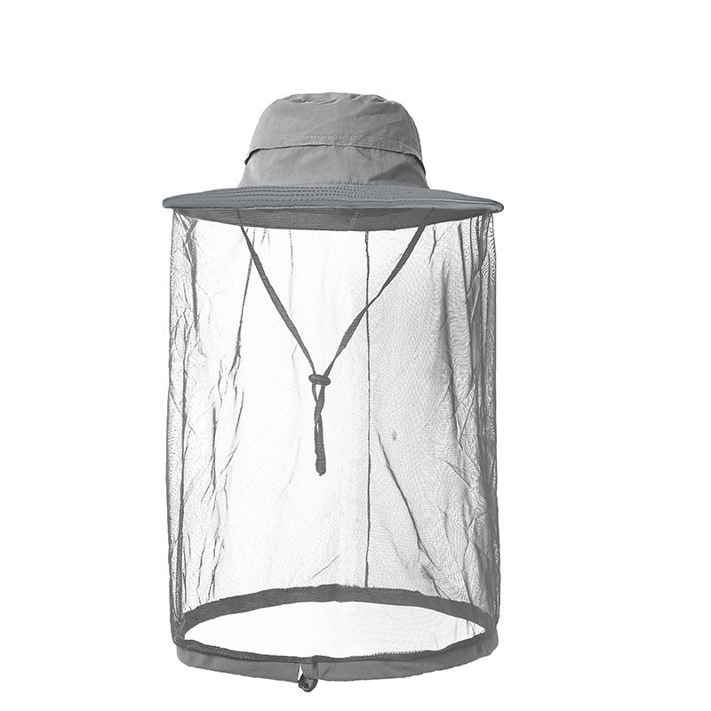 Wide brim sun hat with the mesh net hanging from the brim, front view