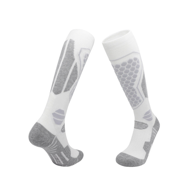 Merino wool blend ski socks with a terry towel sole and ribbed cuff, front and back view