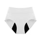 White high-waist menstrual brief front view showing the contrast leak resistant gusset panel