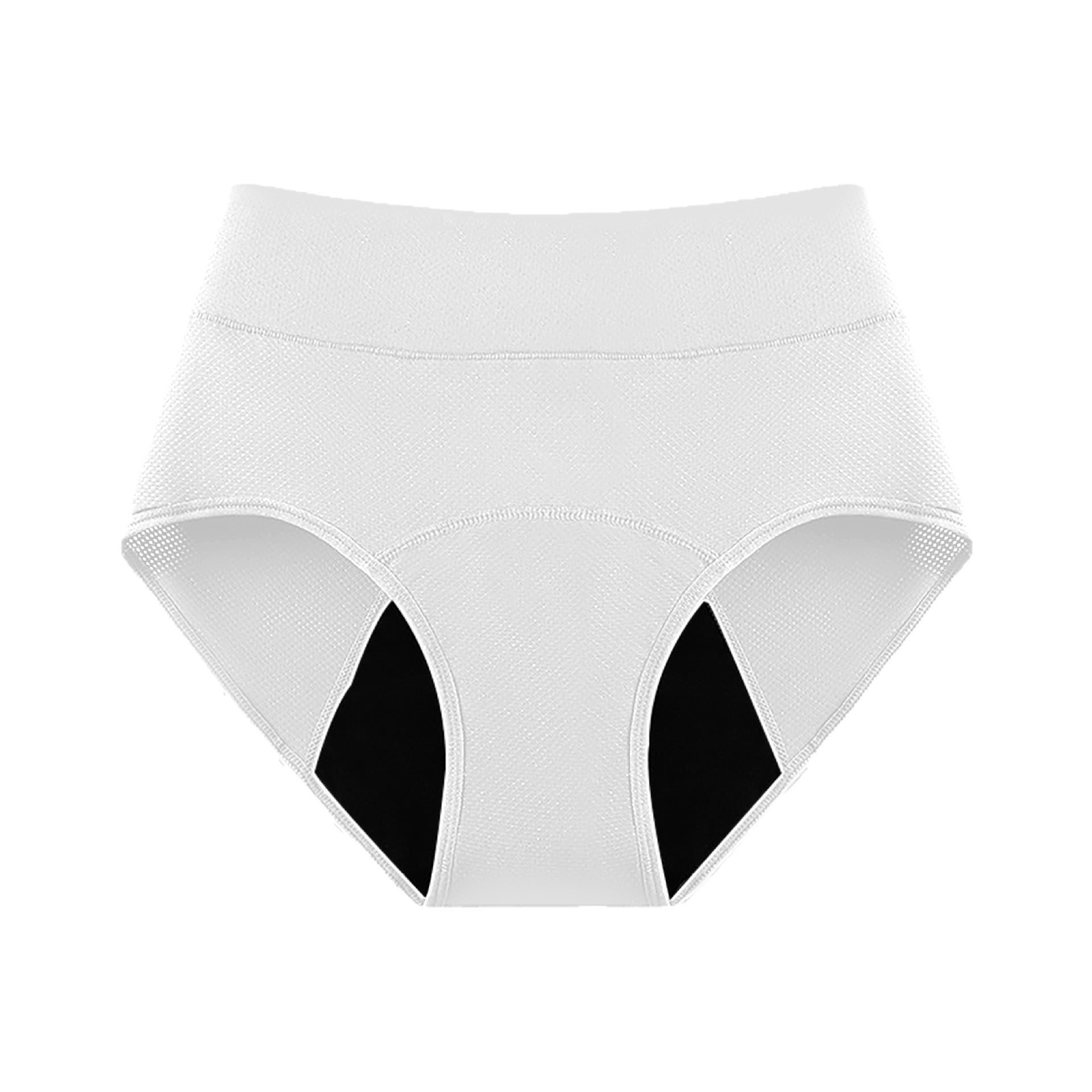 White high-waist menstrual brief front view showing the contrast leak resistant gusset panel