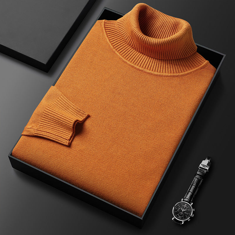Men's slim-fit turtleneck sweater shown with the roll neck folded