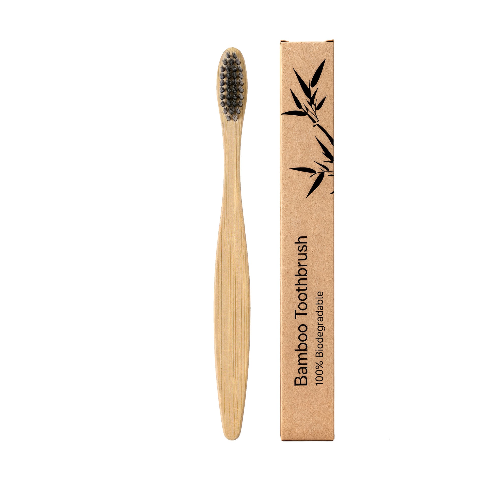 Single bamboo toothbrush with blue bristles on a plain background