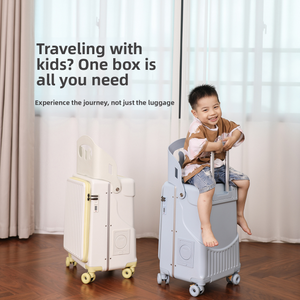 Smiling child sitting on a blue ride-on suitcase next to a cream suitcase with yellow wheels, with printed text
