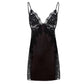 Black satin lace slip nightgown with adjustable straps and a deep V neck