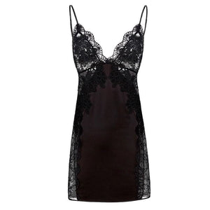 Black satin lace slip nightgown with adjustable straps and a deep V neck
